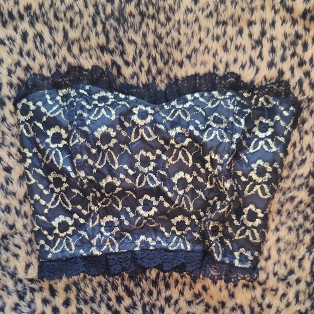 80s Video Vixen Glam Vintage Black Gold Lace Strapless Bustier Crop Top Size XS
